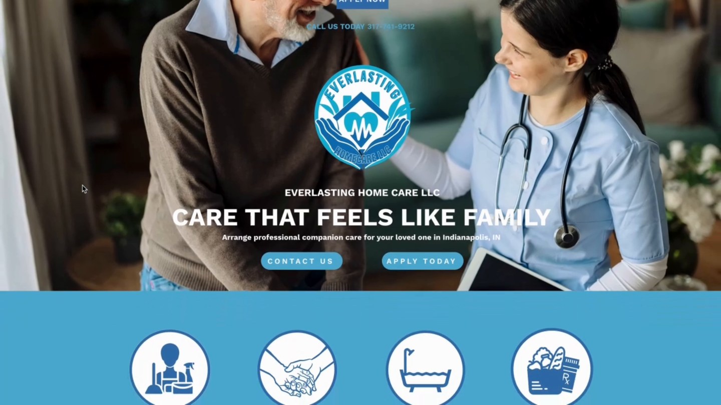 Everlasting Home Care website homepage with a full-width hero and service icons