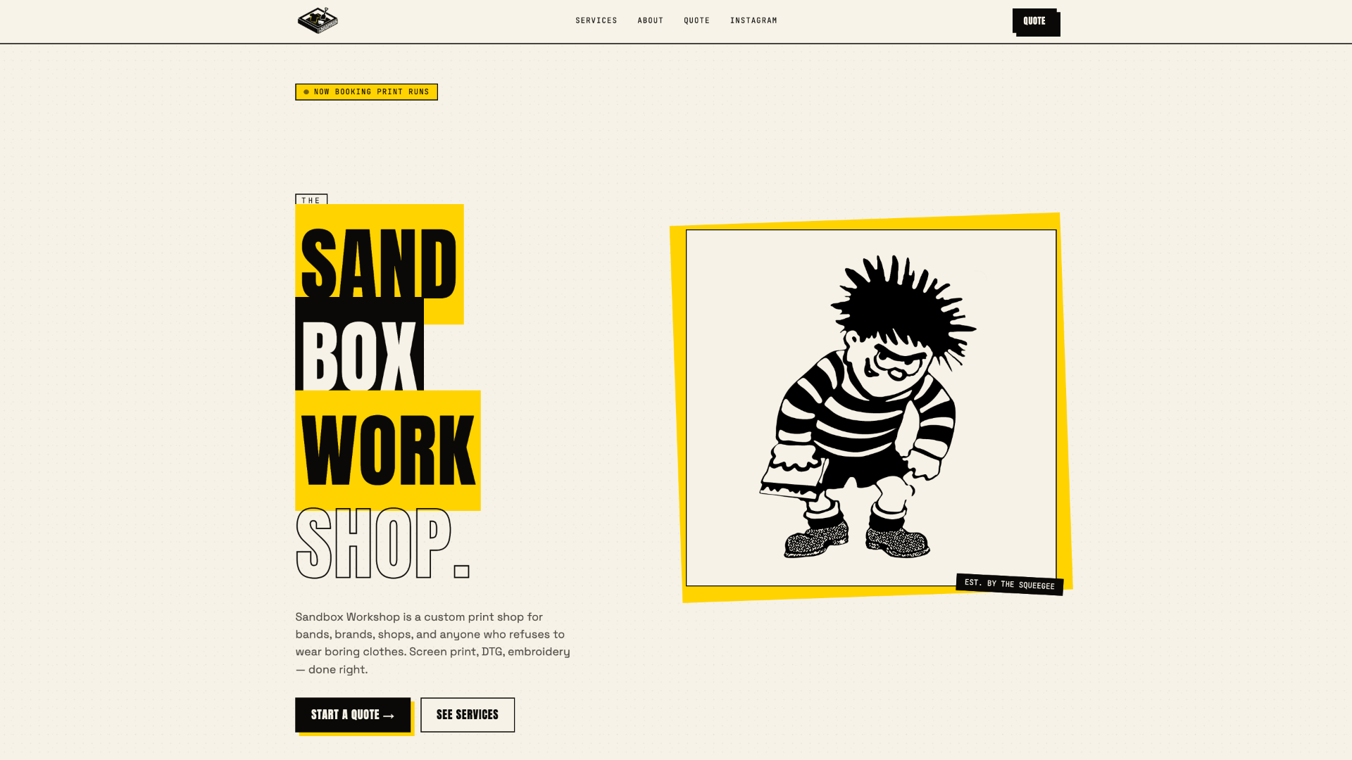 Sandbox Workshop print shop website with bold yellow and black typography