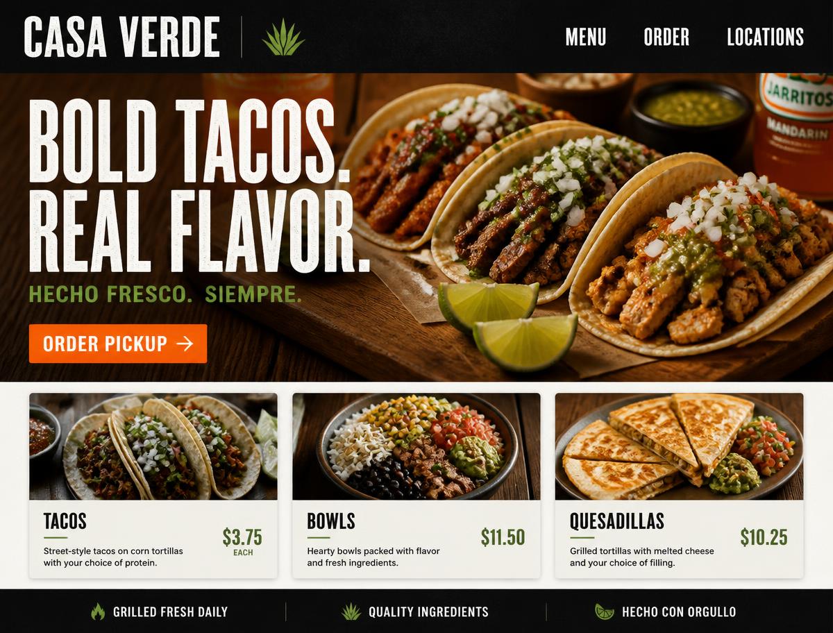 Taqueria website homepage design with a bold hero and menu category cards